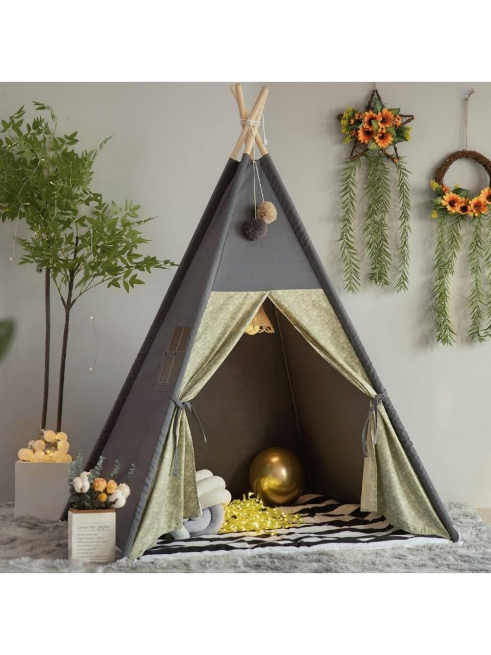 Cozy Kids Teepee Tent with Padded Mat, Foldable Playhouse for Indoor/Outdoor Fun